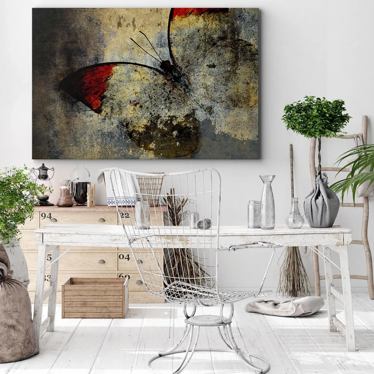 Obraz na plátně - Motýl v odstínech červené a šedé na texturovaném pozadí - 70x50cm - Podívej se, než zmizím - Moderní nástěnná dekorace do obývacího pokoje a ložnice ARTTOR