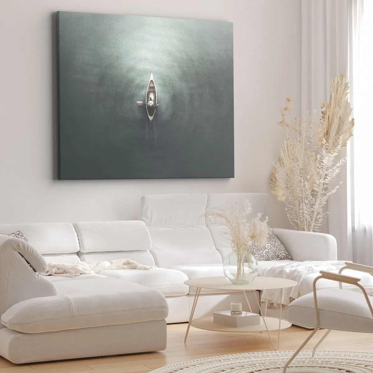 Obraz na plátně - Osamělá loď na klidné vodě v minimalistickém prostředí - 70x50cm - Přes měsíční jezero - Moderní nástěnná dekorace do obývacího pokoje a ložnice ARTTOR