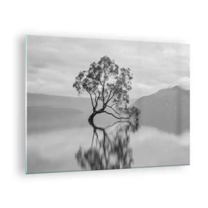 Obraz na skle - Osamělý strom na vodě v černobílé krajině - 70x50cm - Existuje taková země - Moderní nástěnná dekorace do obývacího pokoje a ložnice ARTTOR