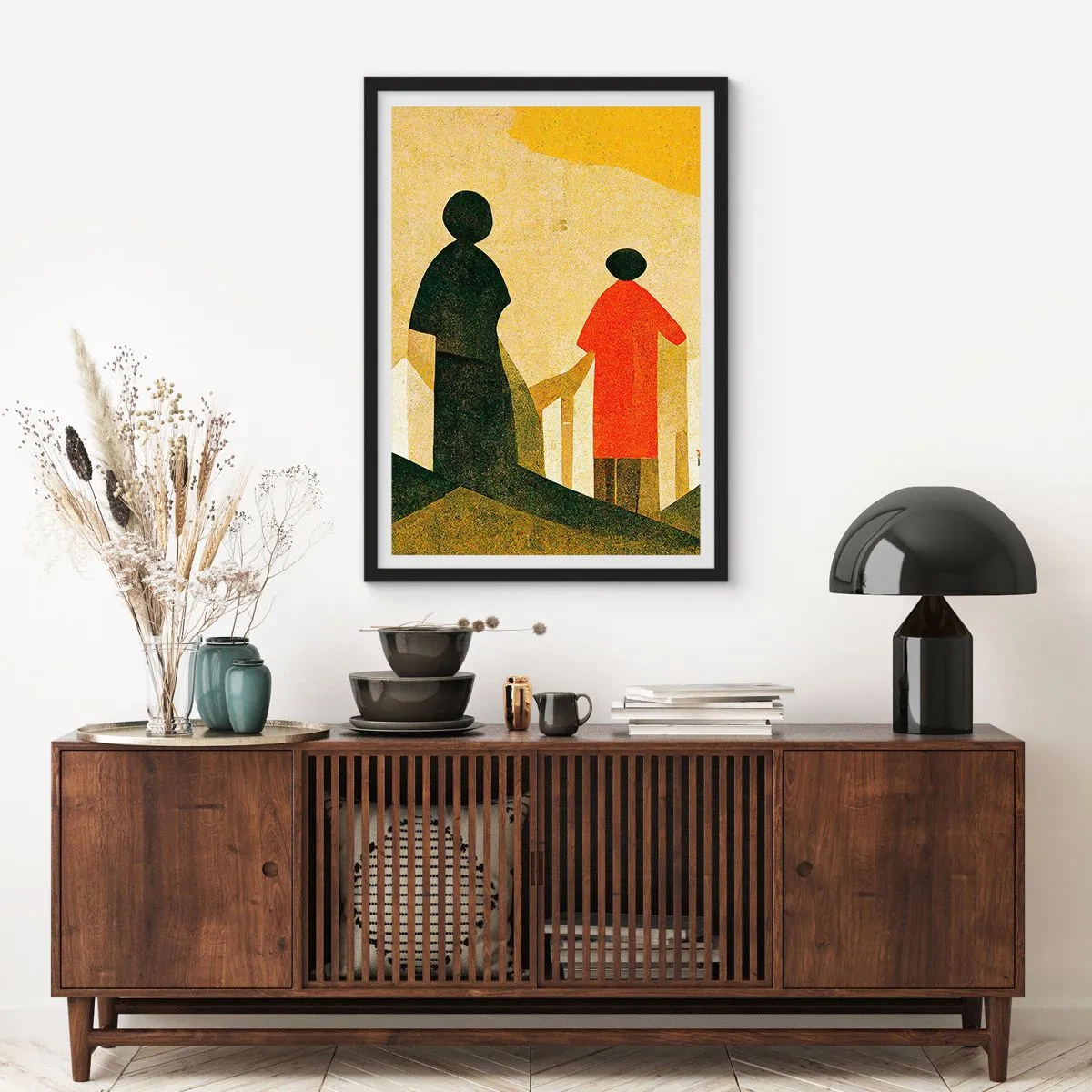 Plakát v černém rámu - Geometrické siluety postav na pozadí abstraktní krajiny - 50x70cm - Ještě hodně daleko - Moderní nástěnná dekorace do obývacího pokoje a ložnice ARTTOR