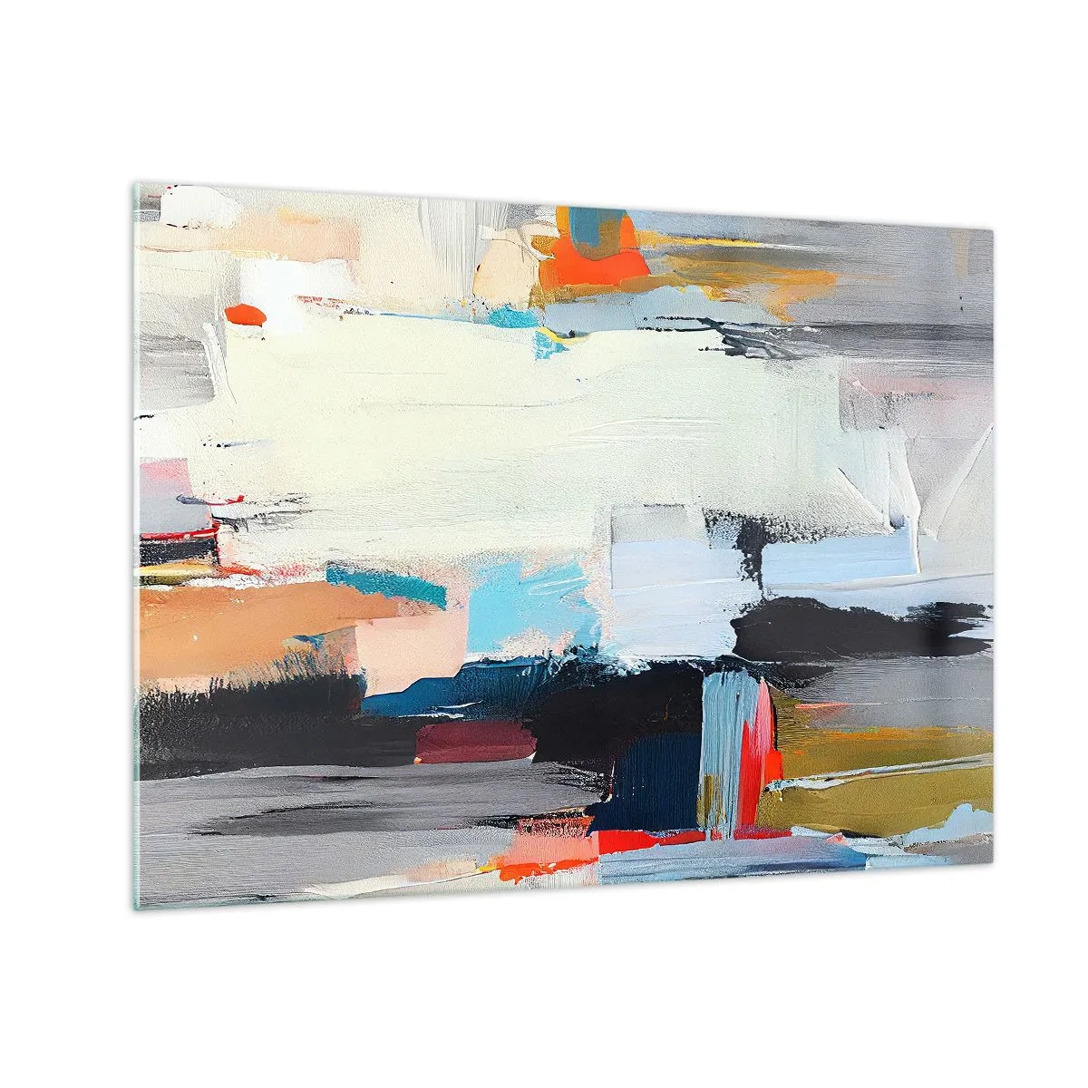 Obraz na skle - Abstraktní kompozice s barevnými skvrnami a tahy - 70x50cm - Nějaký způsob? - Moderní nástěnná dekorace do obývacího pokoje a ložnice ARTTOR