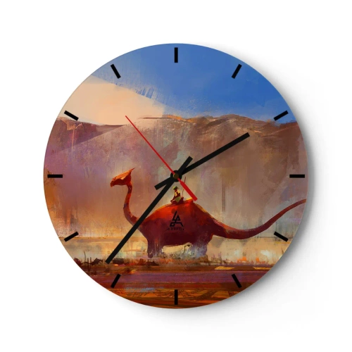 Nástěnné hodiny - Fantastická krajina s dinosaurem na pozadí hor - 30x30cm - Kdyby nevyhynuly - Moderní nástěnná dekorace do obývacího pokoje, kuchyně a ložnice ARTTOR