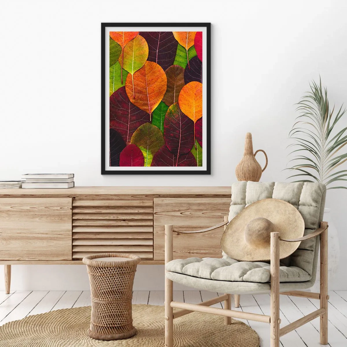 Plakát v černém rámu - Barevné listy v odstínech zelené, oranžové a červené uspořádané do mozaikového vzoru - 50x70cm - Podzimní mozaika - Moderní nástěnná dekorace do obývacího pokoje a ložnice ARTTOR