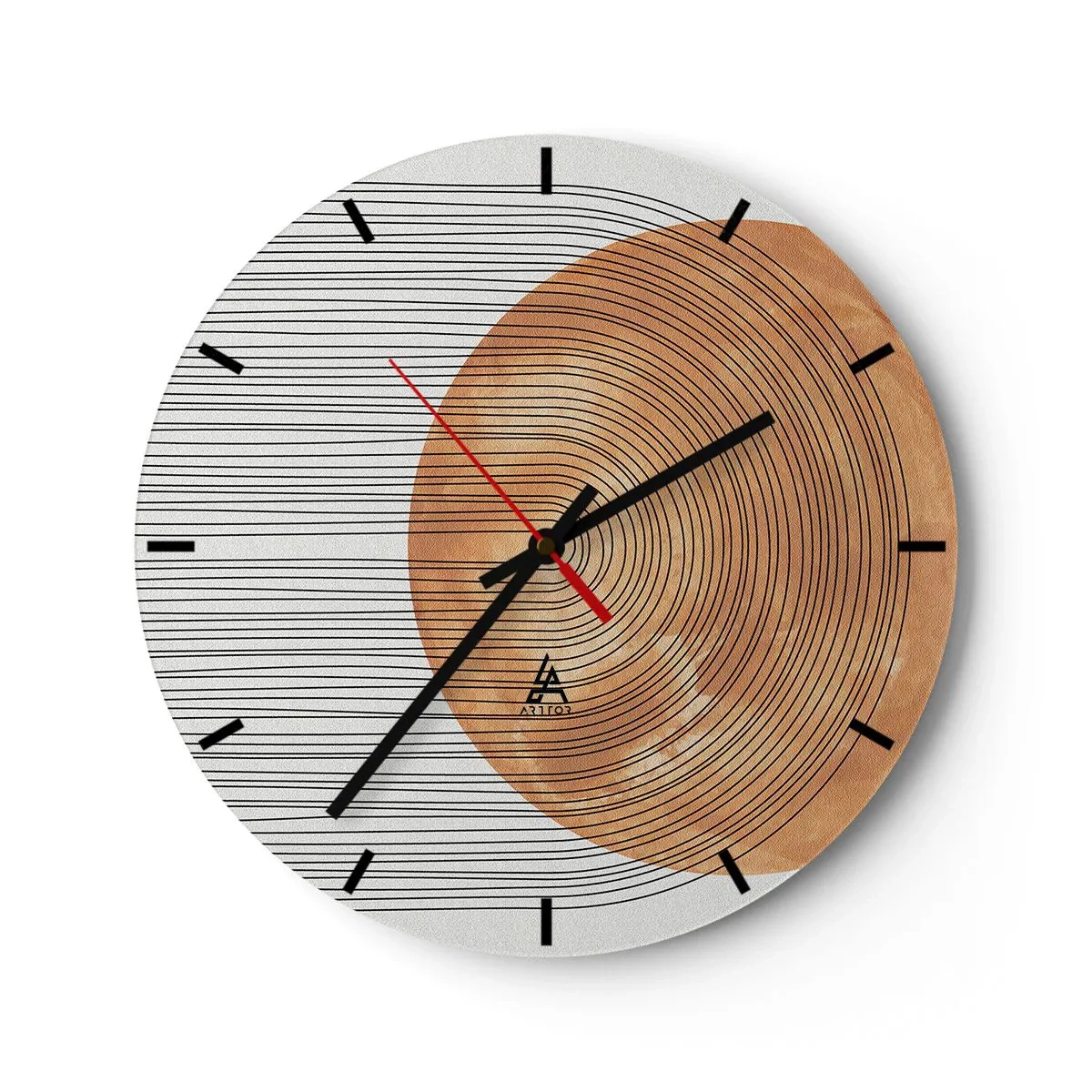Nástěnné hodiny - Dřevo a linie na světlém pozadí v geometrické harmonii - 30x30cm - Slunečná kompozice - Moderní nástěnná dekorace do obývacího pokoje, kuchyně a ložnice ARTTOR