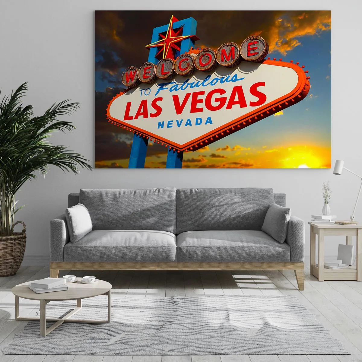 Obraz na skle - Uvítací cedule Las Vegas proti zapadajícímu slunci - 70x50cm - Po úsměv osudu - Moderní nástěnná dekorace do obývacího pokoje a ložnice ARTTOR