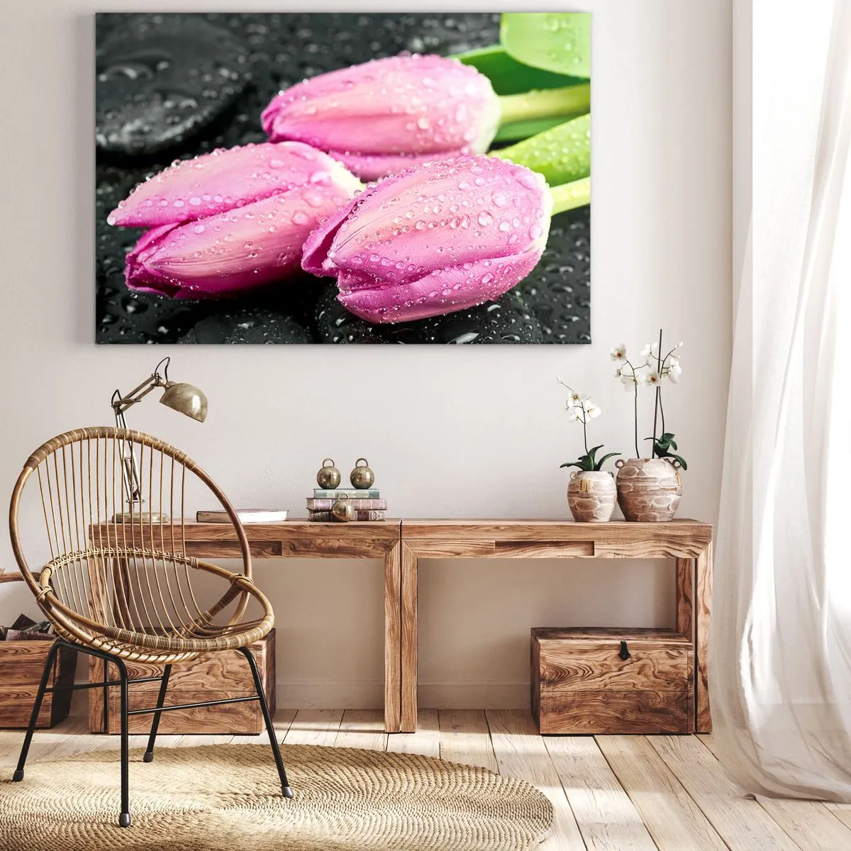 Obraz na plátně - Liliová trojice na černém kameni - 70x50 cm