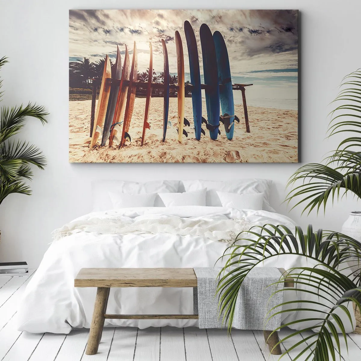 Obraz na plátně - Surfovací prkna na pláži při západu slunce - 70x50cm - Dobrou noc, nashle zítra. - Moderní nástěnná dekorace do obývacího pokoje a ložnice ARTTOR