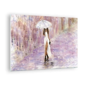 Obraz na skle - Postava ženy s deštníkem ve scéně s lila deštěm - 70x50cm - V liliovém dešti - Moderní nástěnná dekorace do obývacího pokoje a ložnice ARTTOR
