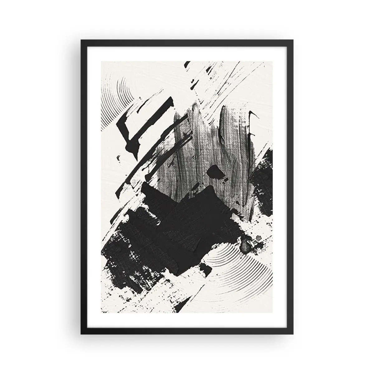 Plakát v černém rámu - Abstraktní černobílé tahy štětcem - 50x70cm - Abstrakce – exprese černé - Moderní nástěnná dekorace do obývacího pokoje a ložnice ARTTOR