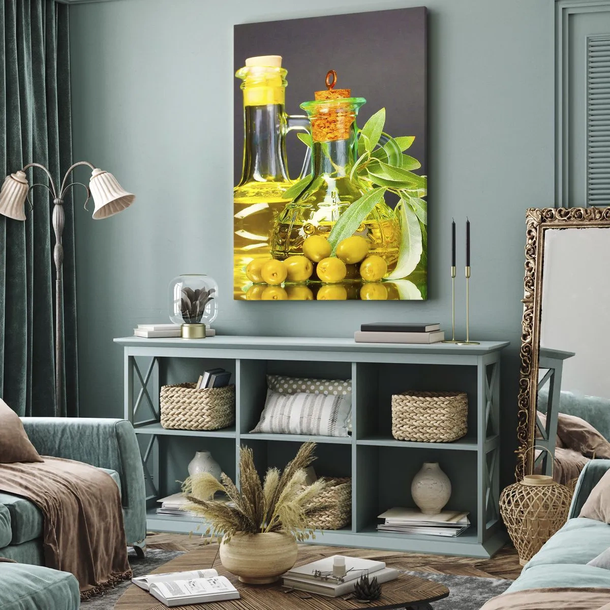 Obraz na plátně - Zátiší s olivami a olejem - 70x100 cm