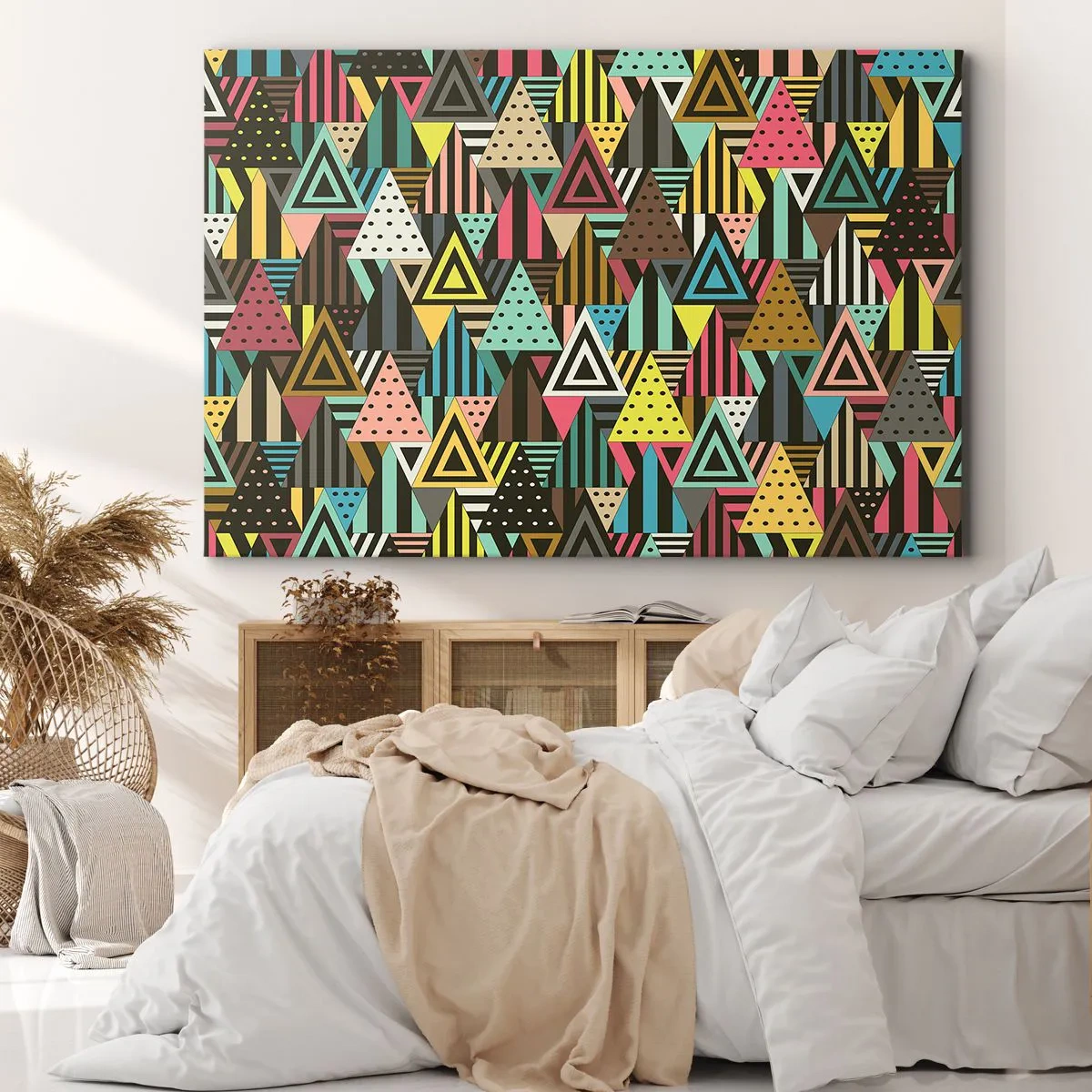 Obraz na plátně - Barevný geometrický vzor s trojúhelníky a čarami - 70x50cm - V rytmu na tři - Moderní nástěnná dekorace do obývacího pokoje a ložnice ARTTOR