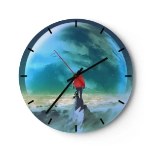 Nástěnné hodiny - Postava na vrcholu hory s výhledem na zelenou planetu - 30x30cm - Objevitel nové zemi - Moderní nástěnná dekorace do obývacího pokoje, kuchyně a ložnice ARTTOR