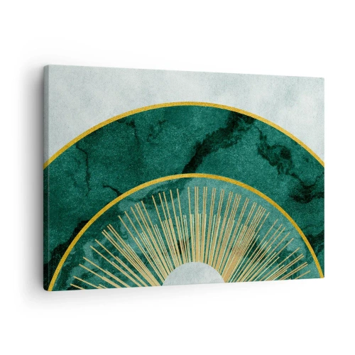Obraz na plátně - Abstraktní vzor s kruhy ve smaragdové a zlaté barvě. - 70x50cm - Jiná sluneční soustava - Moderní nástěnná dekorace do obývacího pokoje a ložnice ARTTOR