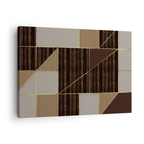 Obraz na plátně - Geometrické vzory v odstínech hnědé se zlatými linkami - 70x50cm - Mozaika hnědé a zlaté - Moderní nástěnná dekorace do obývacího pokoje a ložnice ARTTOR