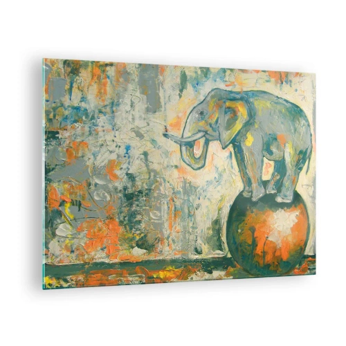 Obraz na skle - Abstraktní slon balancuje na míči - 70x50cm - Ať žije cirkus! - Moderní nástěnná dekorace do obývacího pokoje a ložnice ARTTOR