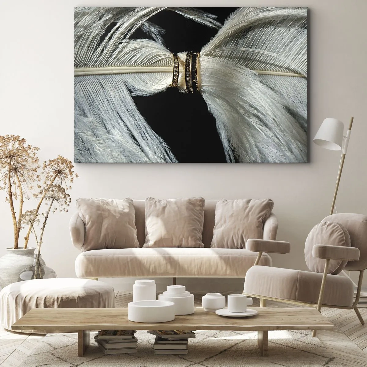 Obraz na plátně - Bílé pírko se dvěma zlatými kroužky na černém pozadí - 70x50cm - …a neopustím tě…. - Moderní nástěnná dekorace do obývacího pokoje a ložnice ARTTOR