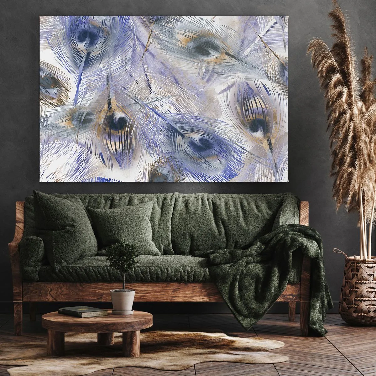 Obraz na plátně - Vzor s pavími pery v odstínech modré a zlaté - 70x50cm - Kompozice pavího oka - Moderní nástěnná dekorace do obývacího pokoje a ložnice ARTTOR