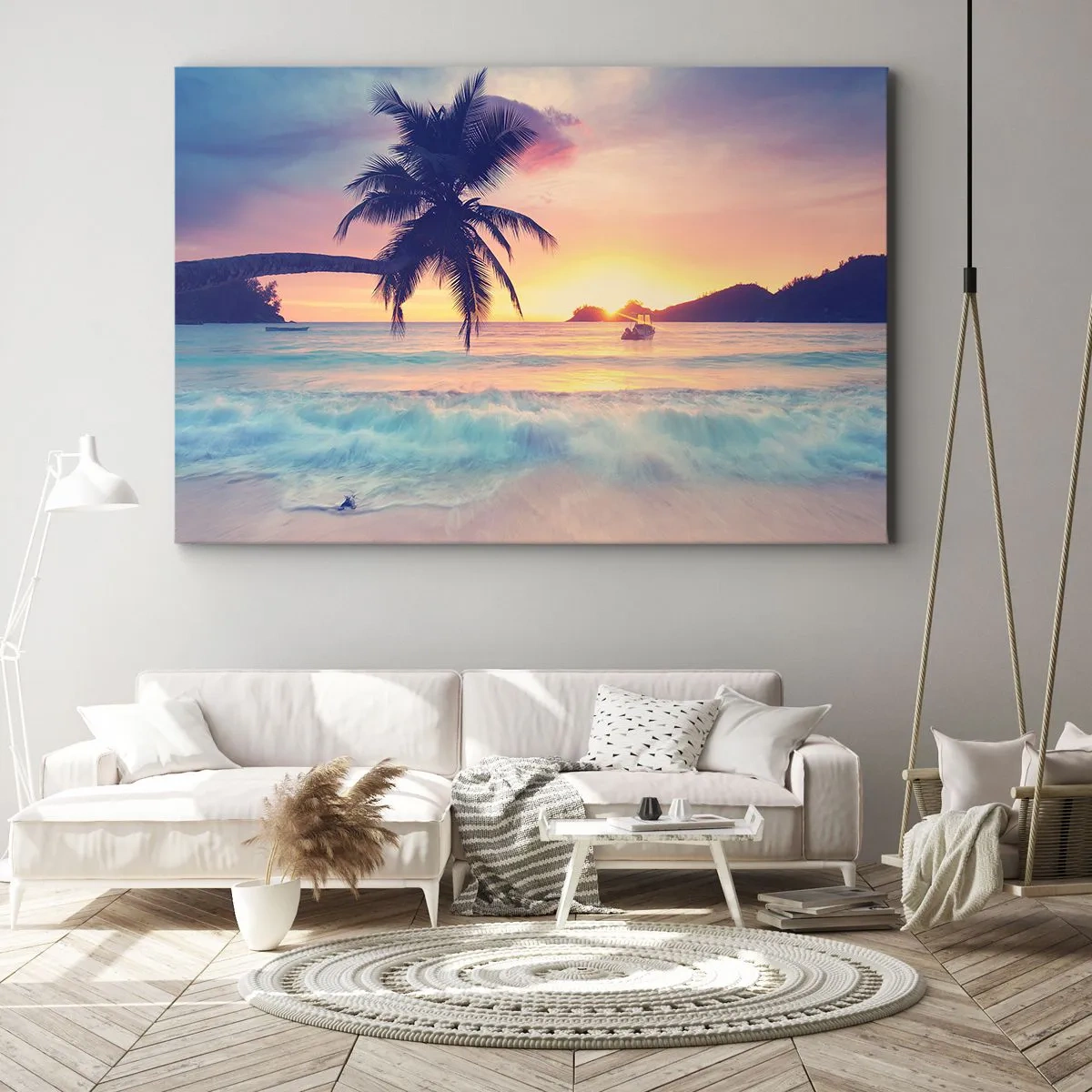Obraz na plátně - Pláž s palmou a západ slunce nad oceánem - 70x50cm - Večer v zátoce - Moderní nástěnná dekorace do obývacího pokoje a ložnice ARTTOR