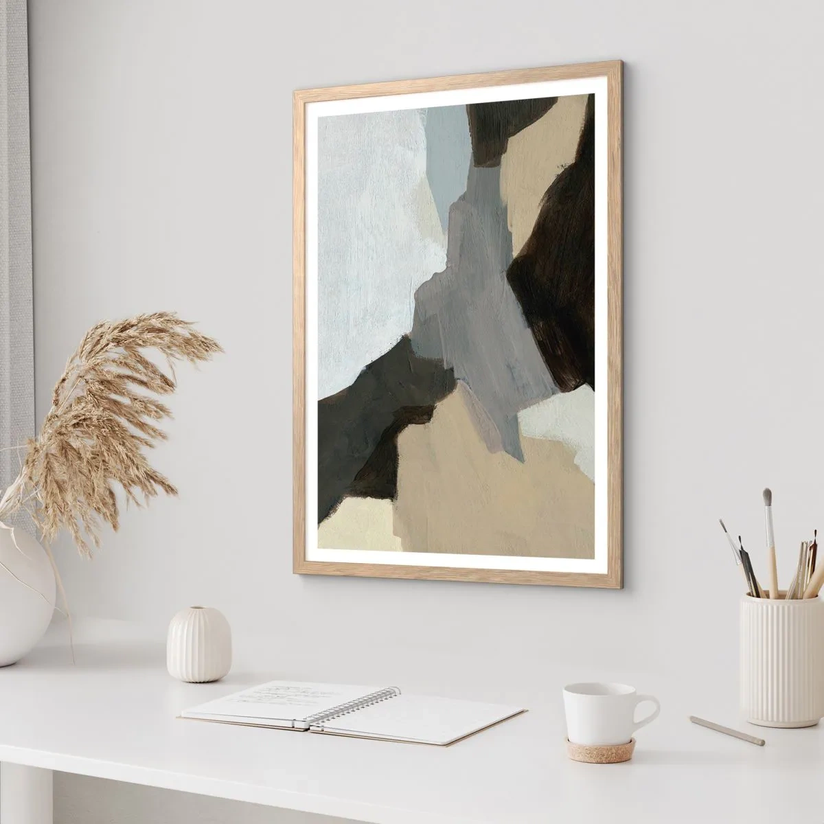 Plakát v rámu světlý dub - Abstrakce: křižovatka šedi - 61x91 cm