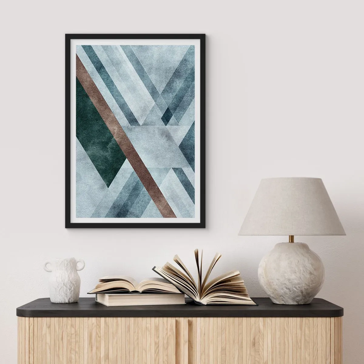 Plakát v černém rámu - Geometrická kompozice v odstínech modré a hnědé - 50x70cm - Sofistikovaná elegance geometrie - Moderní nástěnná dekorace do obývacího pokoje a ložnice ARTTOR