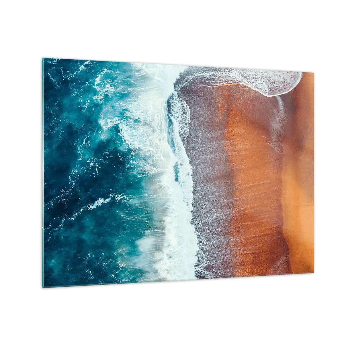 Obraz na skle - Letecký pohled na hladinu oceánu a pobřeží pláže - 70x50cm - Dotek oceánu - Moderní nástěnná dekorace do obývacího pokoje a ložnice ARTTOR