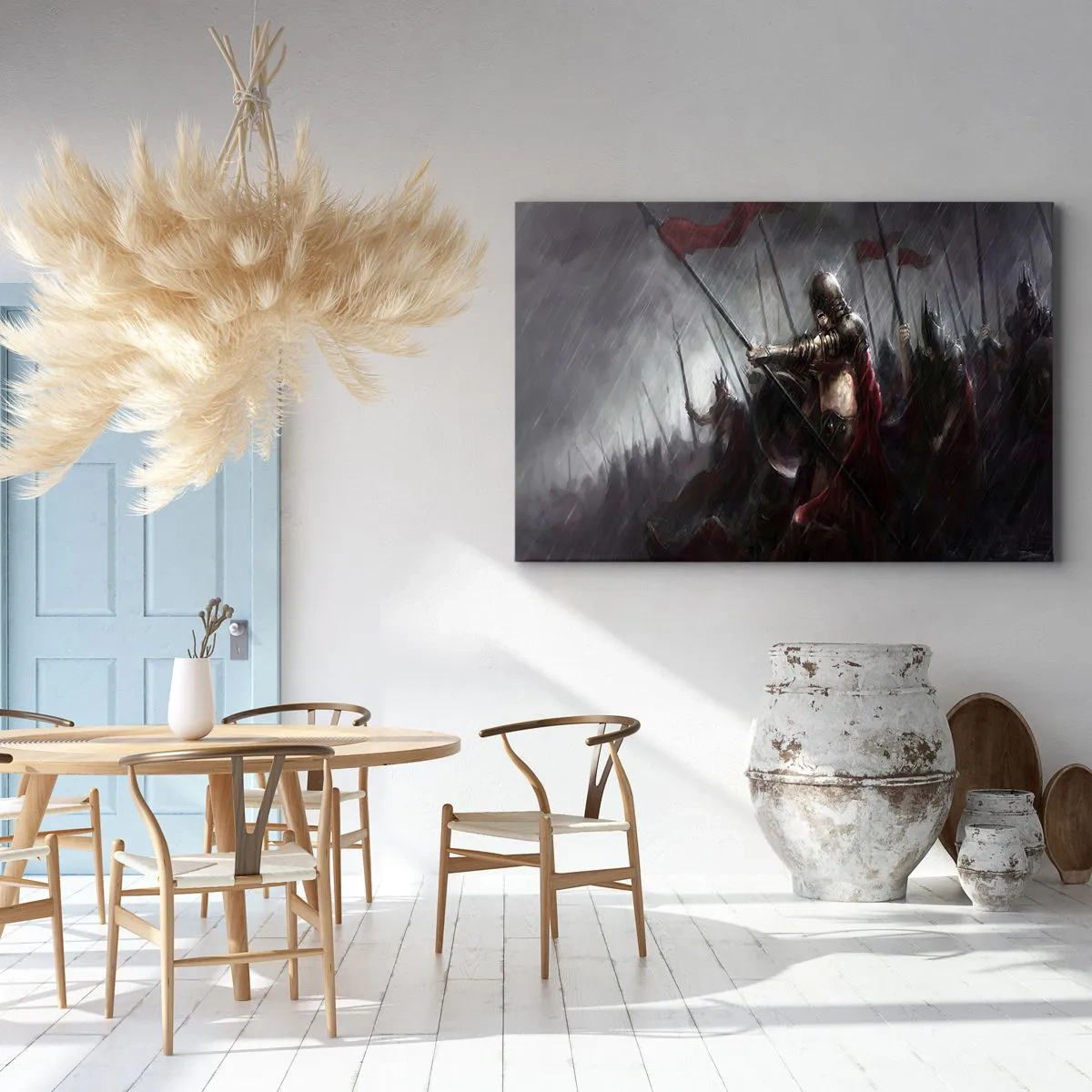 Obraz na plátně - Rytíři pochodující na bojiště v dešti - 70x50cm - Poutníče zvěstuj Lakedaimonským… - Moderní nástěnná dekorace do obývacího pokoje a ložnice ARTTOR