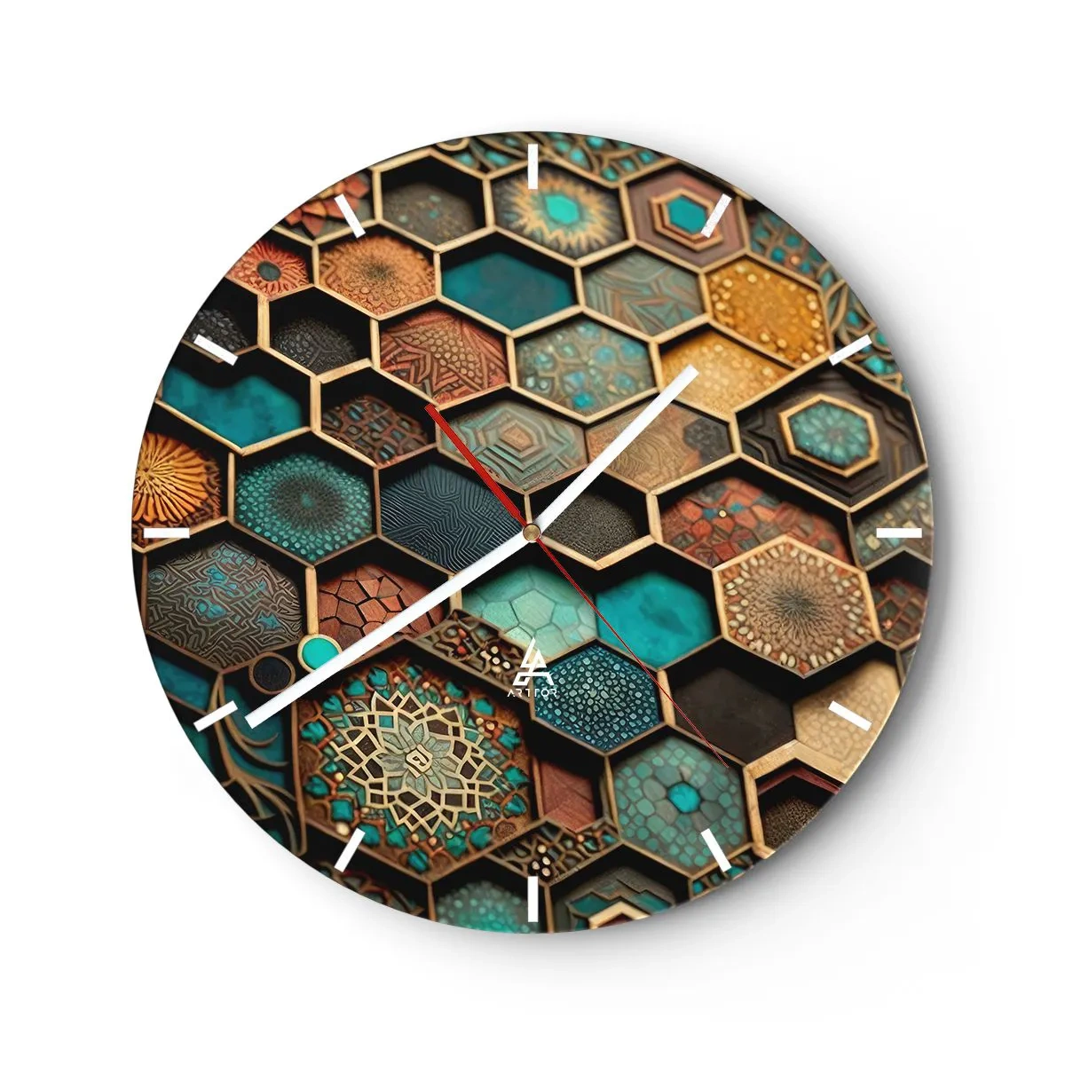 Nástěnné hodiny - Vícebarevné šestiúhelníky s orientálními vzory - 30x30cm - Arabské ornamenty – variace - Moderní nástěnná dekorace do obývacího pokoje, kuchyně a ložnice ARTTOR