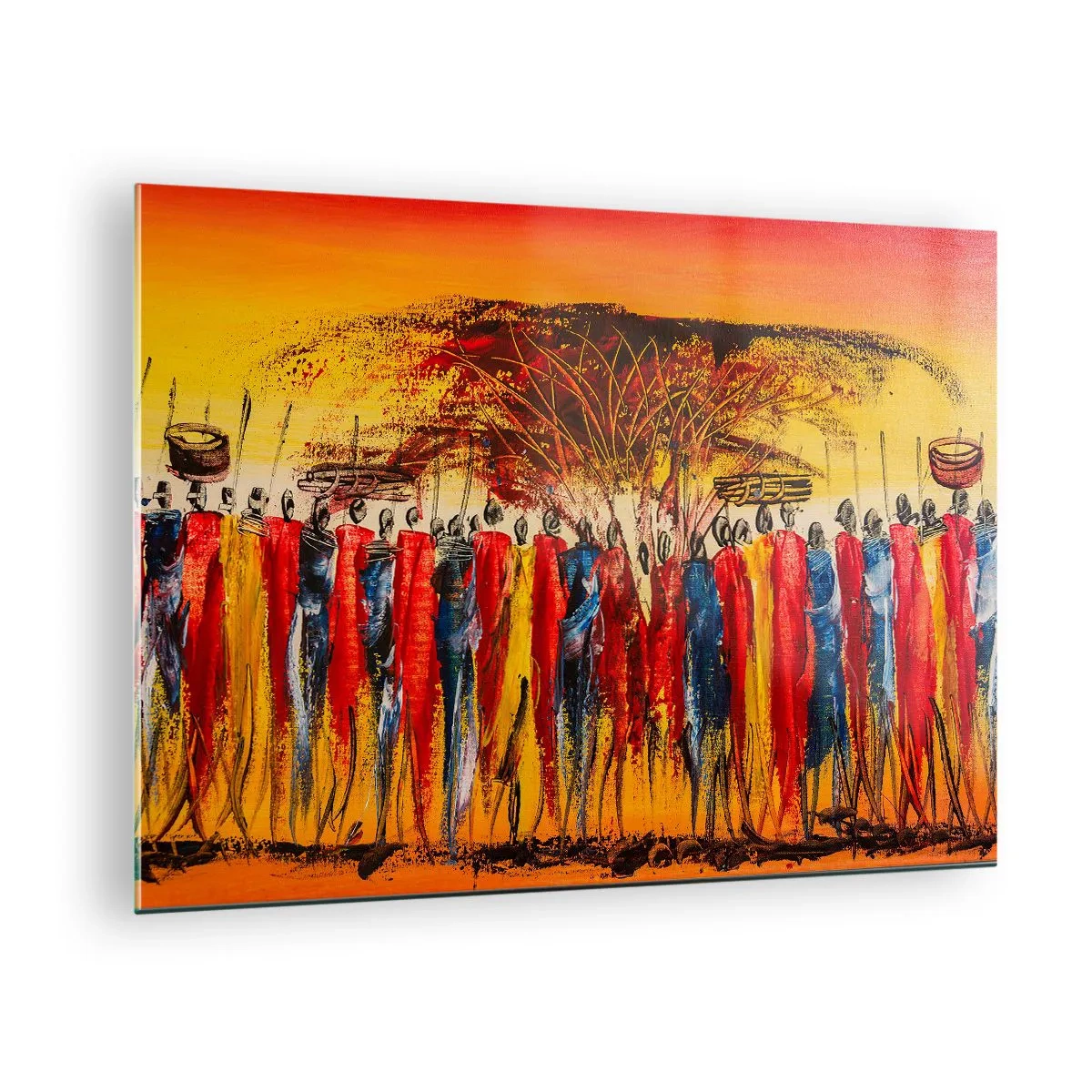 Obraz na skle - Barevná scéna s lidmi v tradičních afrických kostýmech - 70x50cm - Tam, tam, tam, tam jdou - Moderní nástěnná dekorace do obývacího pokoje a ložnice ARTTOR