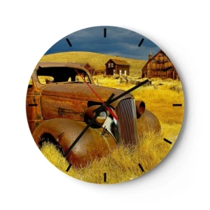 Nástěnné hodiny - Staré rezavé auto na pozadí opuštěné vesnice - 30x30cm - Zasloužený odpočinek - Moderní nástěnná dekorace do obývacího pokoje, kuchyně a ložnice ARTTOR
