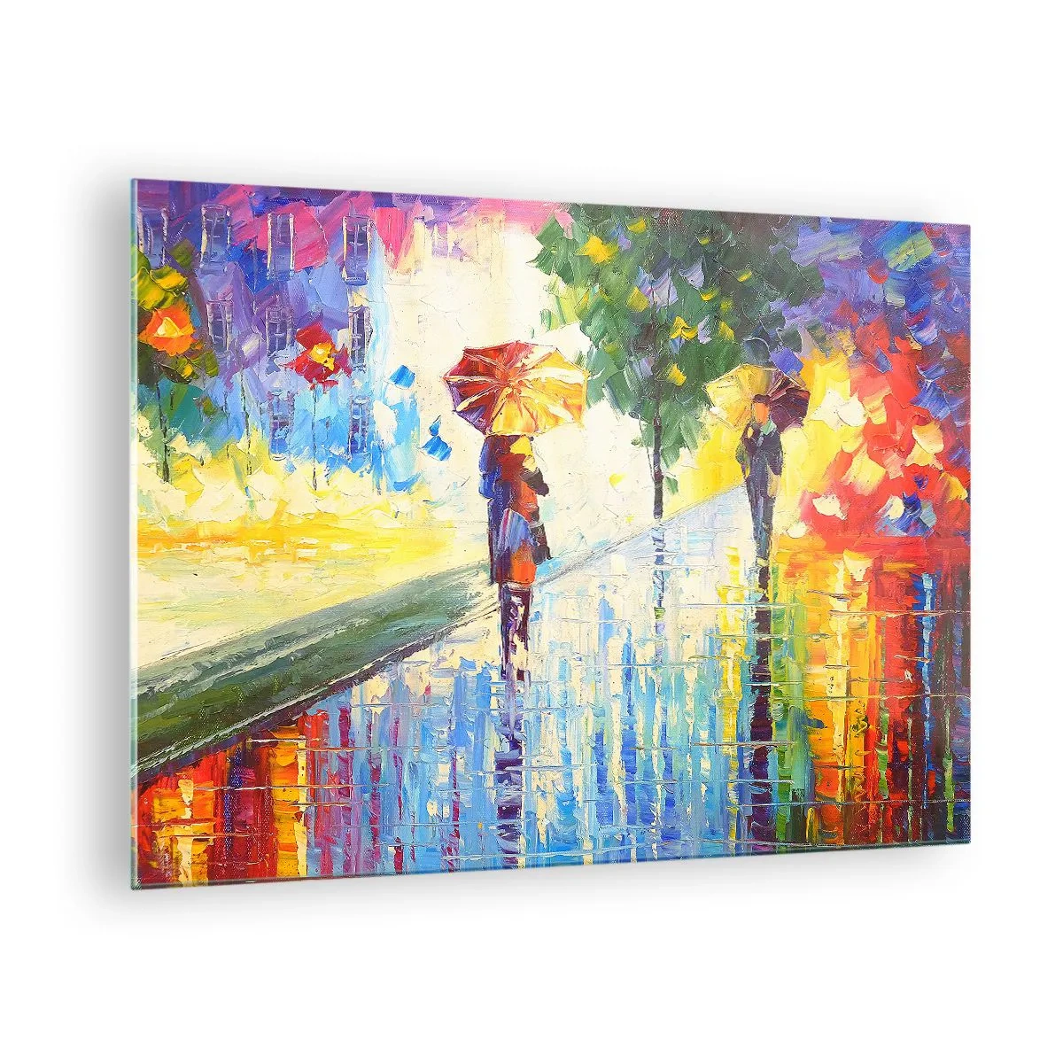 Obraz na skle - Barevná procházka v dešti s impresionistickým deštníkem - 70x50cm - A všechno je jasné - Moderní nástěnná dekorace do obývacího pokoje a ložnice ARTTOR