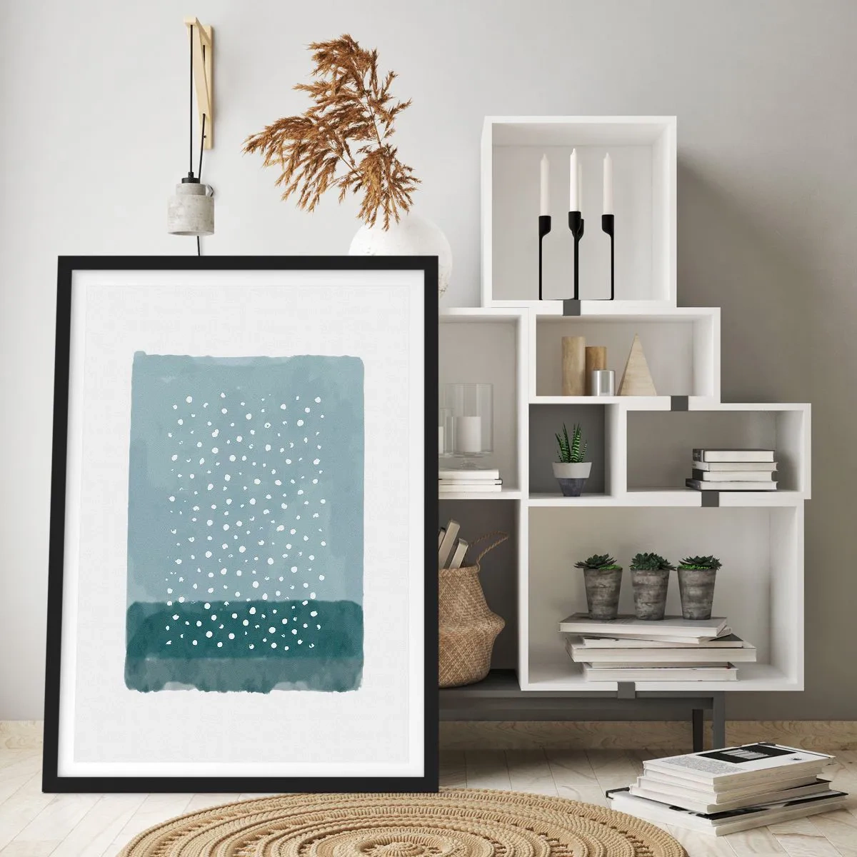 Plakát v černém rámu - Abstraktní kompozice s bílými tečkami na modrém pozadí. - 50x70cm - Pěstováno na modři - Moderní nástěnná dekorace do obývacího pokoje a ložnice ARTTOR