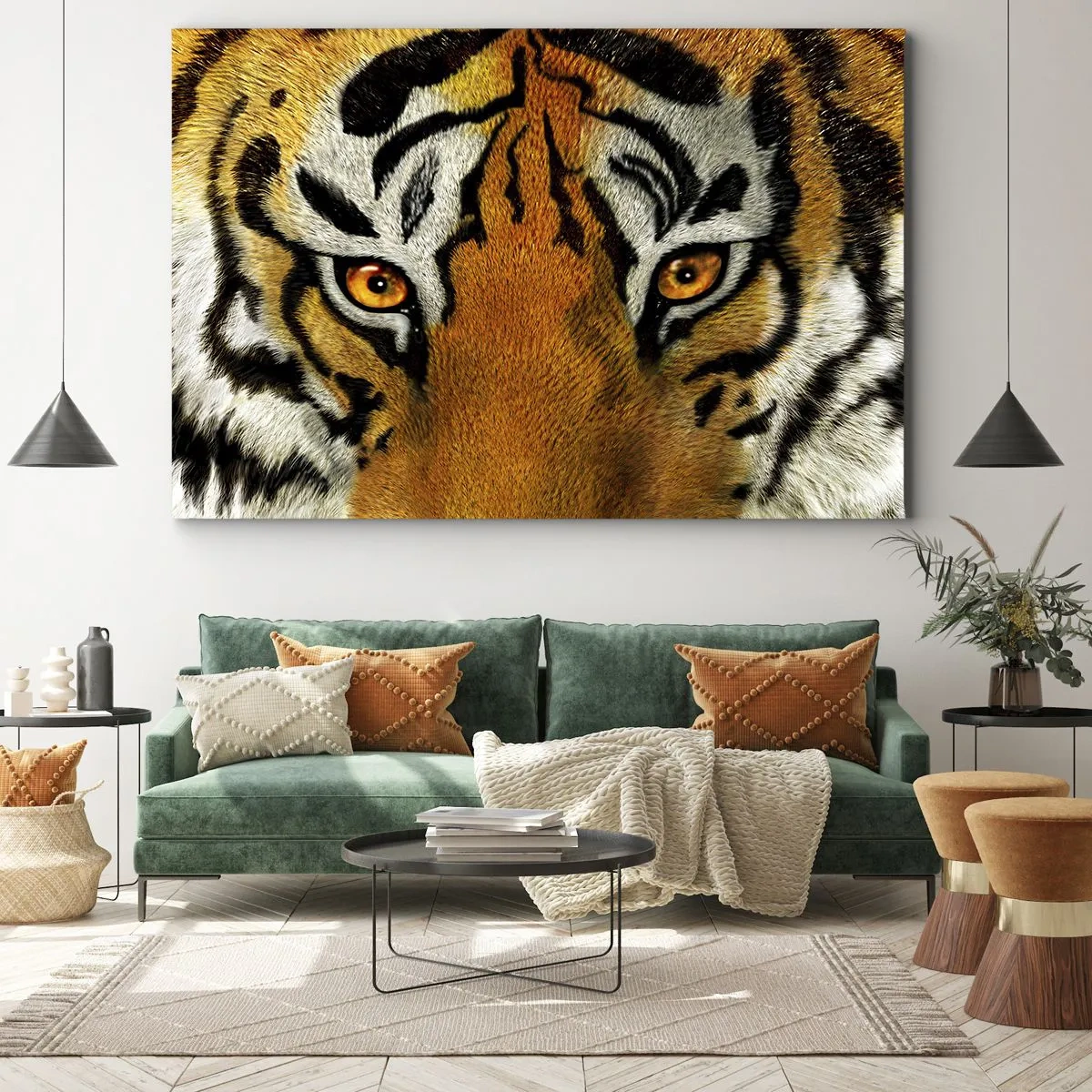Obraz na plátně - Detailní portrét tygra s intenzivním pohledem - 70x50cm - Nebezpečný a krásný - Moderní nástěnná dekorace do obývacího pokoje a ložnice ARTTOR