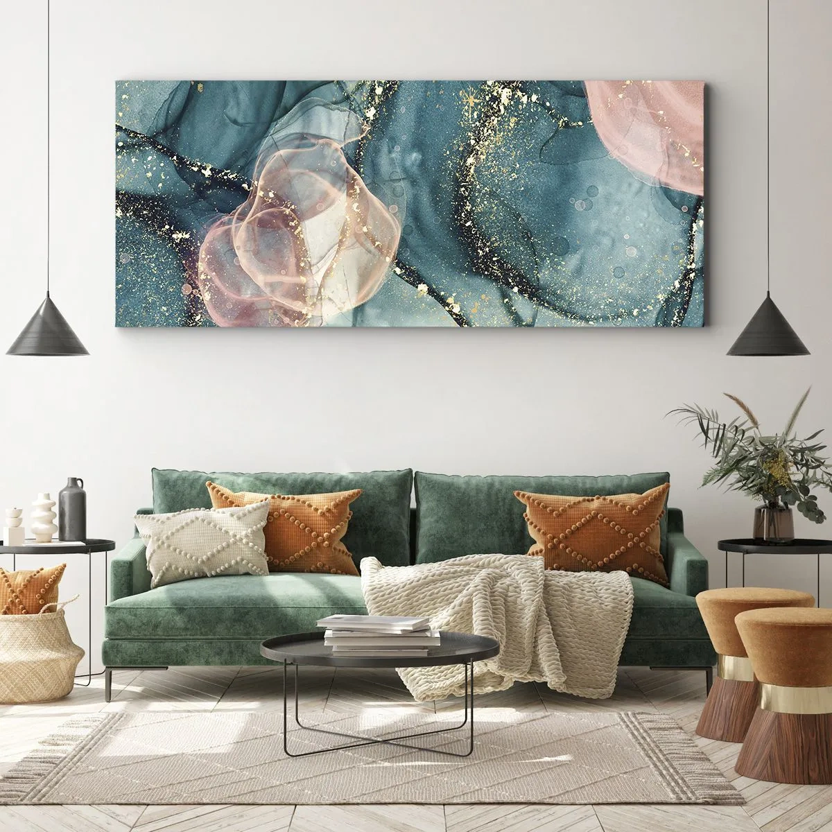 Obraz na plátně - Modré hedvábí modré, růžový tyl - 100x40 cm