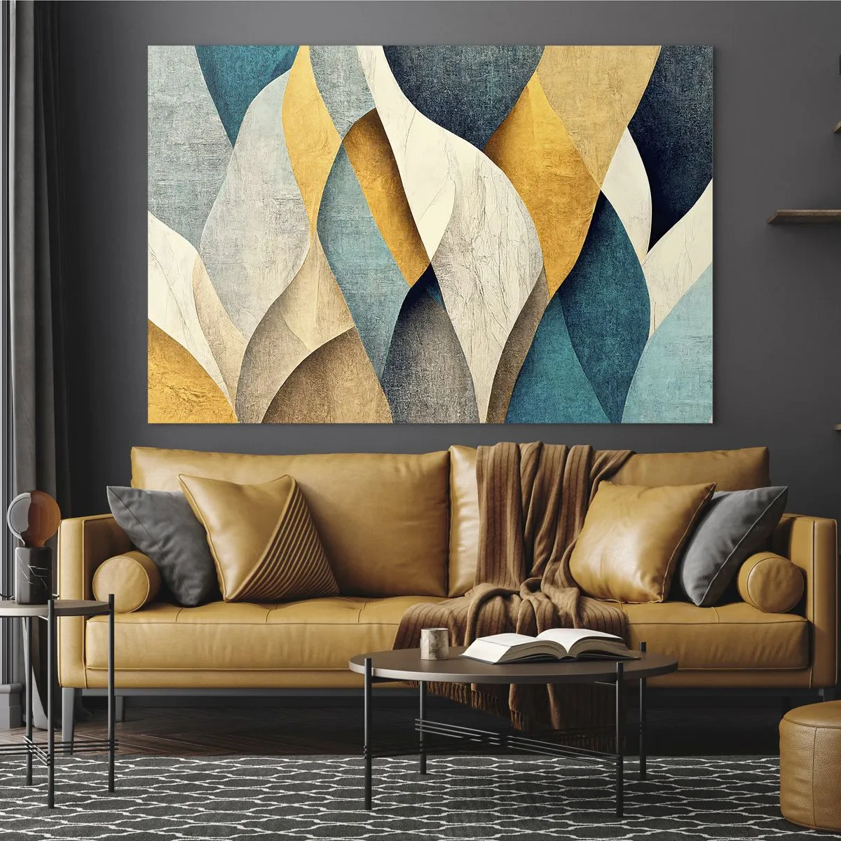 Obraz na skle - Abstraktní tvary v odstínech žluté a modré - 70x50cm - Rytmus a vlnění - Moderní nástěnná dekorace do obývacího pokoje a ložnice ARTTOR