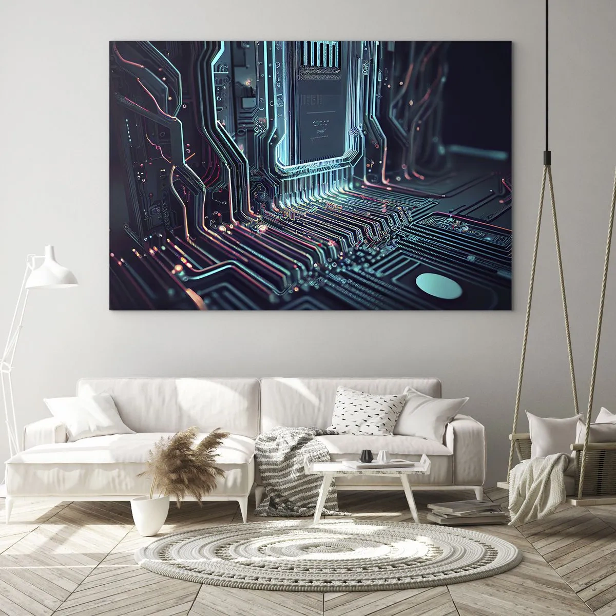 Obraz na skle - Neonová vizualizace stop procesoru na černém pozadí - 70x50cm - Jen tak přemýšlím… - Moderní nástěnná dekorace do obývacího pokoje a ložnice ARTTOR