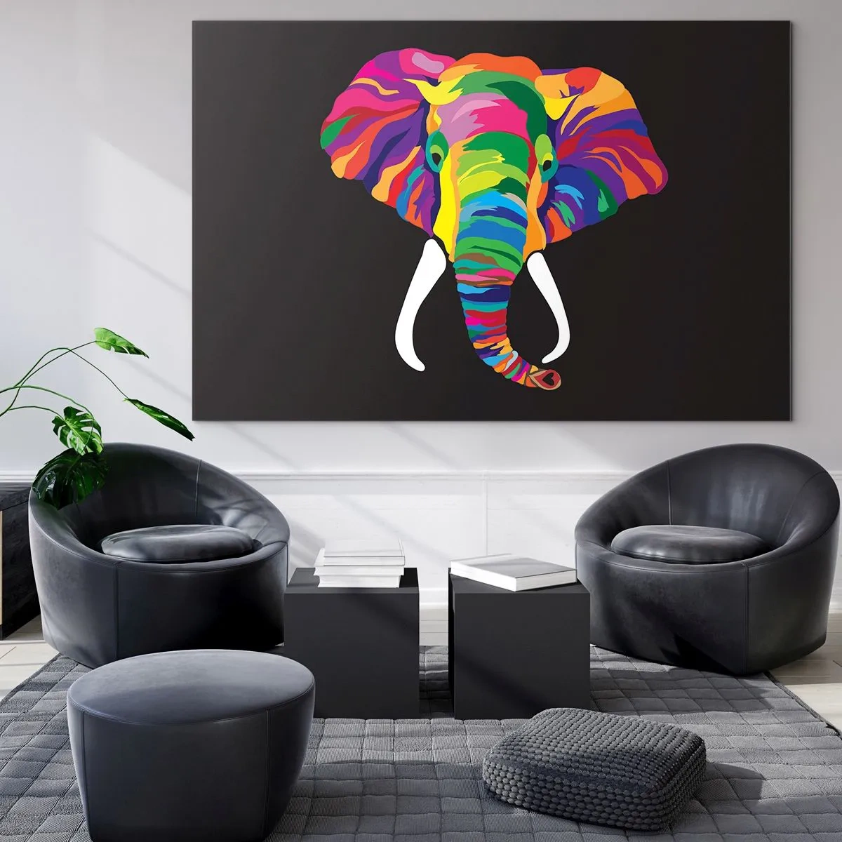 Obraz na skle - Barevný slon na černém pozadí v uměleckém stylu - 70x50cm - Slon, který se miloval koupat v duze - Moderní nástěnná dekorace do obývacího pokoje a ložnice ARTTOR