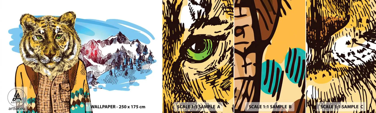 Fototapeta Vzorek Standard Eco - Není tak divoký jak ho kreslí - Abstrakce, Tygr, hory - 100x30 cm