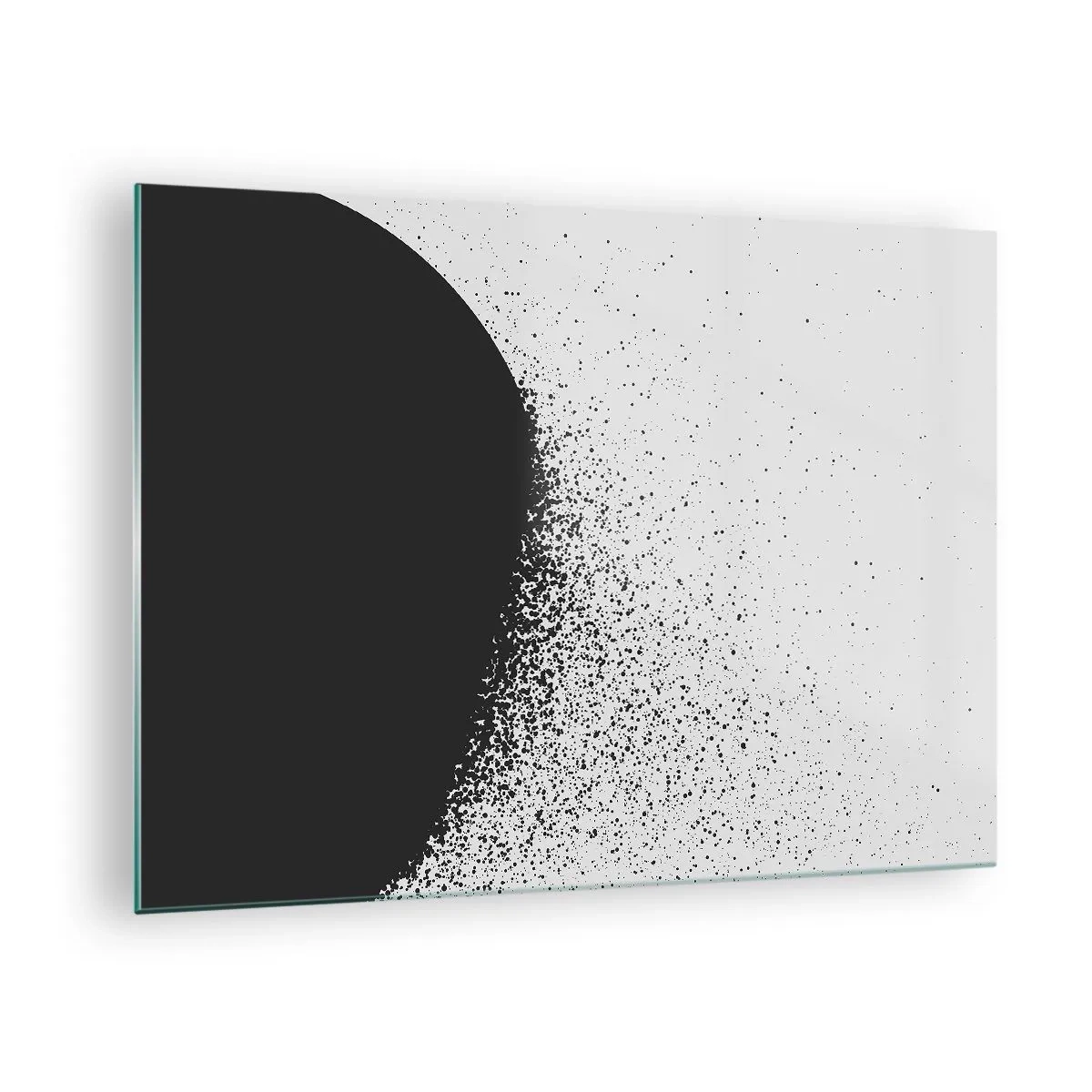 Obraz na skle - Abstrakce rozpadající se černé hmoty na bílém pozadí - 70x50cm - Pohyb částic - Moderní nástěnná dekorace do obývacího pokoje a ložnice ARTTOR