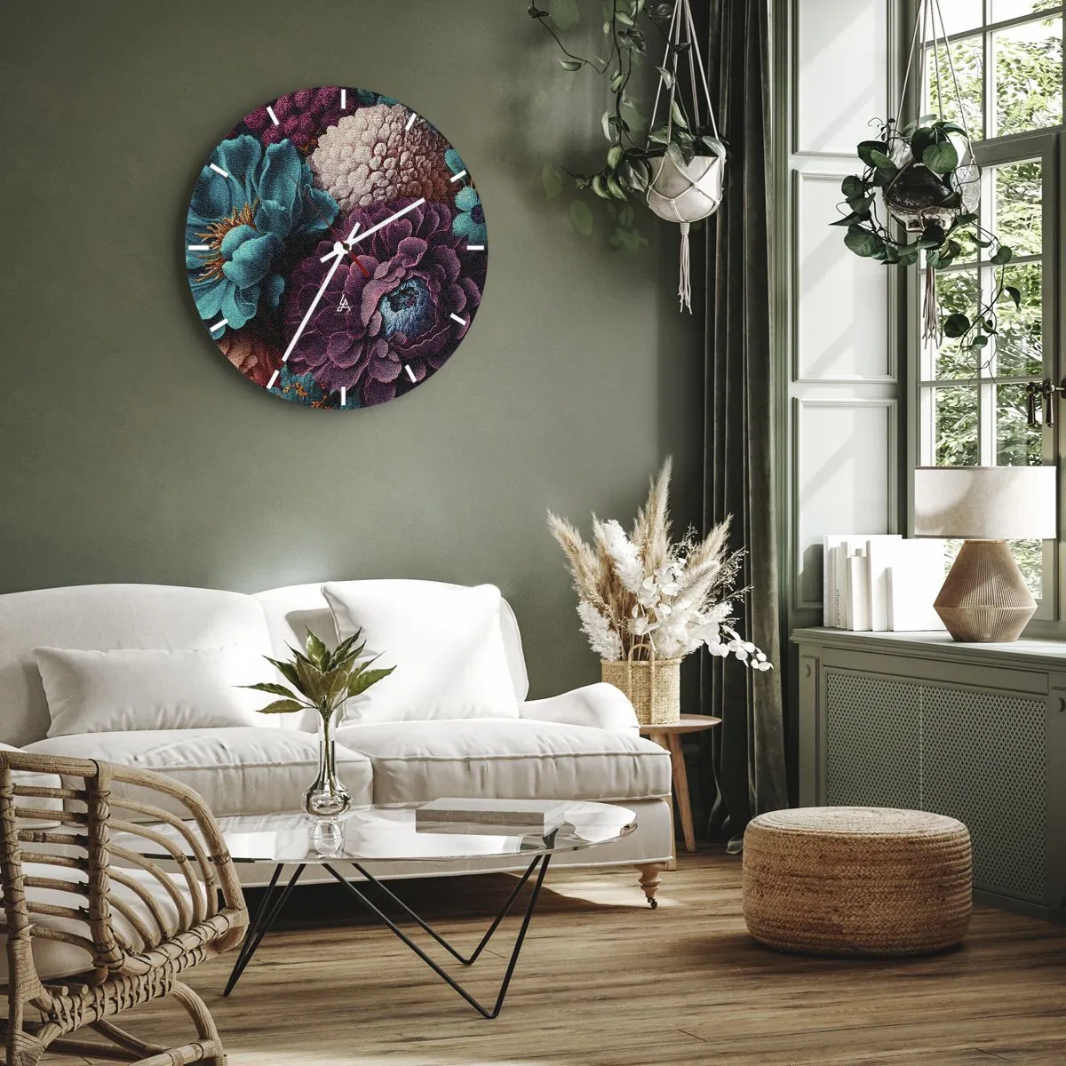 Nástěnné hodiny - Bohatá kytice tmavých a tyrkysových květin s detaily - 30x30cm - Úroda přírody - Moderní nástěnná dekorace do obývacího pokoje, kuchyně a ložnice ARTTOR