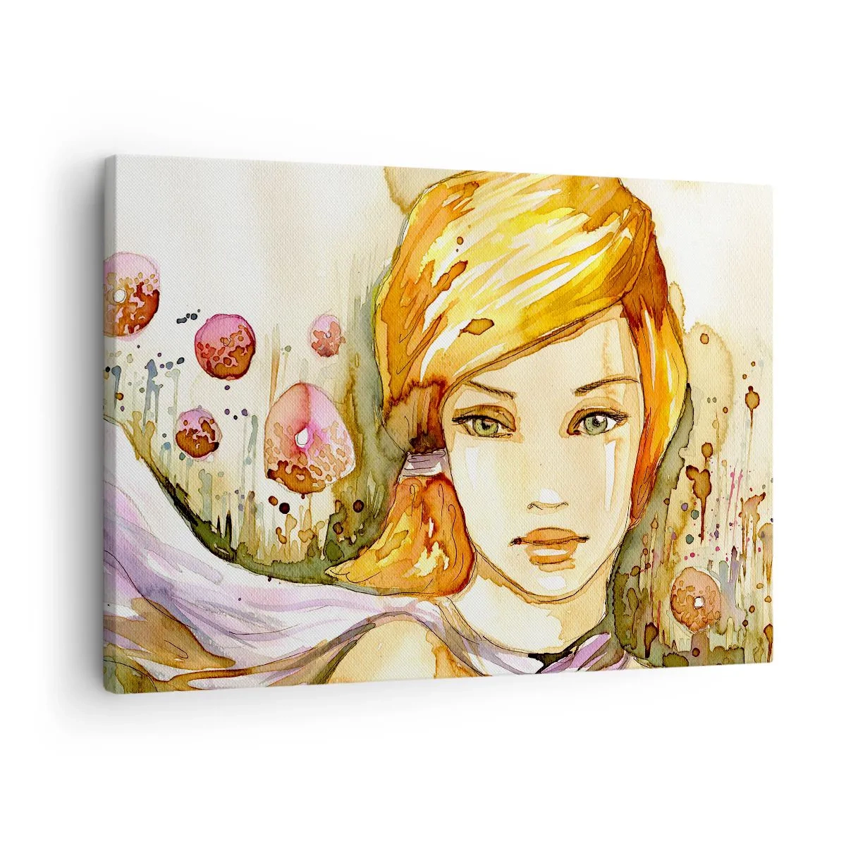 Obraz na plátně - Portrét ženy v akvarelových barvách s intenzivním pohledem - 70x50cm - Smaragdový pohled, který zahání hněv - Moderní nástěnná dekorace do obývacího pokoje a ložnice ARTTOR