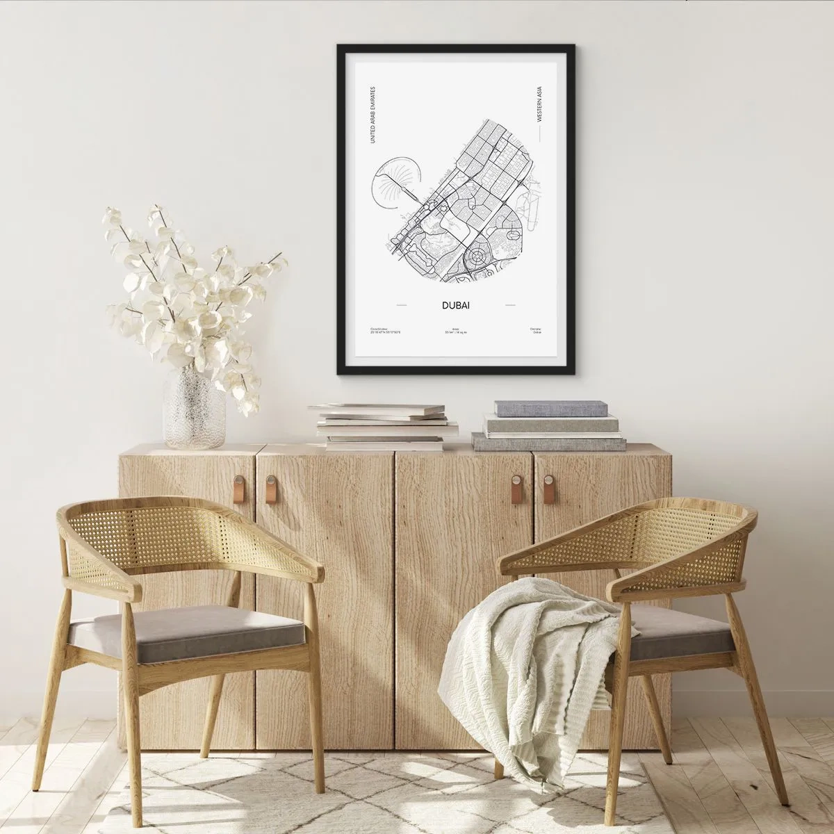 Plakát v černém rámu - Minimalistická černobílá mapa Dubaje - 50x70cm - Anatomie Dubaje - Moderní nástěnná dekorace do obývacího pokoje a ložnice ARTTOR