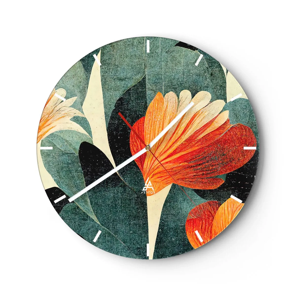Nástěnné hodiny - Červenooranžové květy proti tmavě zeleným listům - 30x30cm - Tropické horko a chlad zeleně - Moderní nástěnná dekorace do obývacího pokoje, kuchyně a ložnice ARTTOR