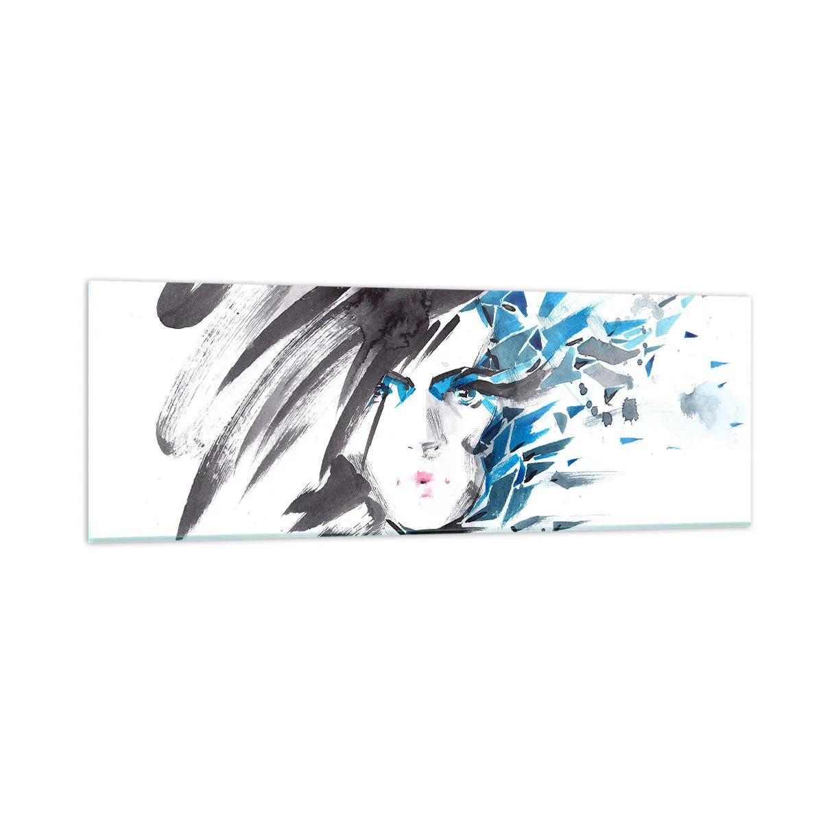 Obraz na skle - Smyslný portrét v šedé a modré - 90x30 cm