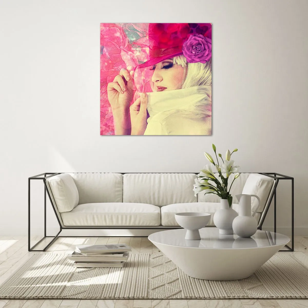 Obraz na skle - Retro portrét v růžové mlze - 60x60 cm