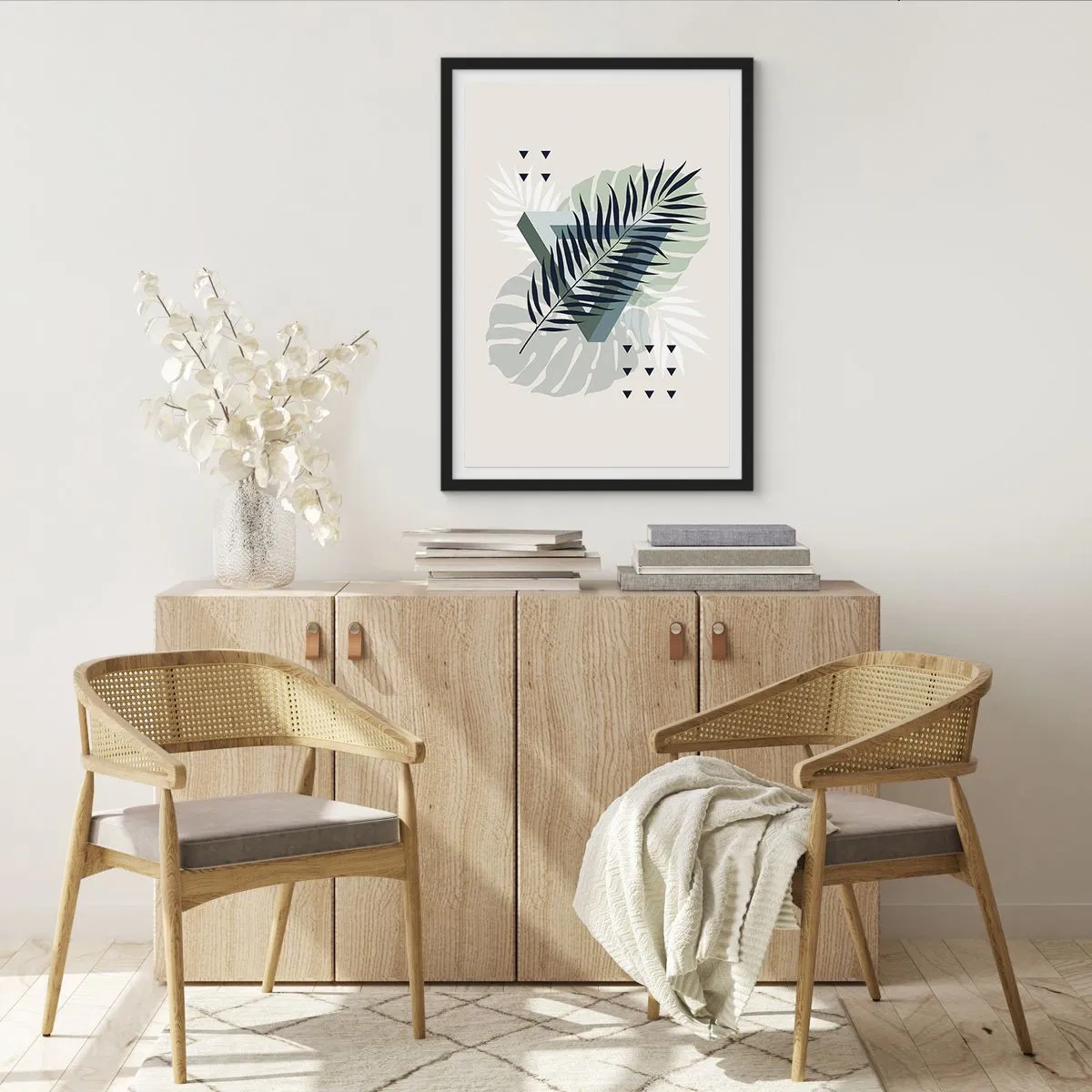 Plakát v černém rámu - Abstraktní tropické listy na světlém pozadí - 50x70cm - Příroda a geometrie – dva řády? - Moderní nástěnná dekorace do obývacího pokoje a ložnice ARTTOR