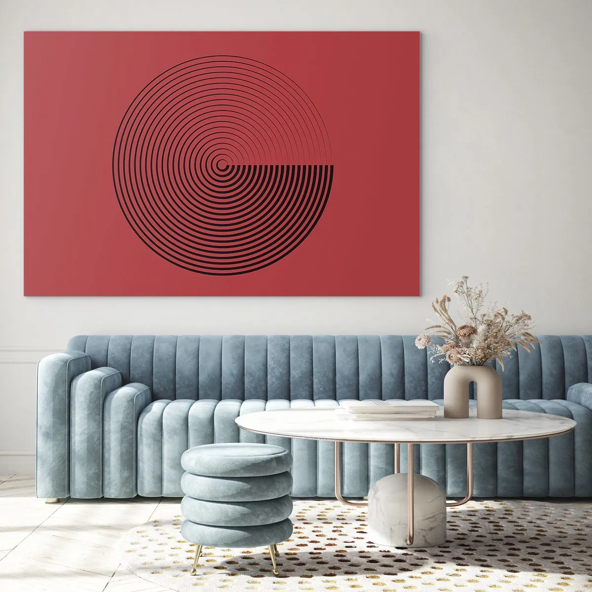 Obraz na skle - Černé soustředné kruhy na červeném pozadí - 70x50cm - Kruhový pohyb - Moderní nástěnná dekorace do obývacího pokoje a ložnice ARTTOR