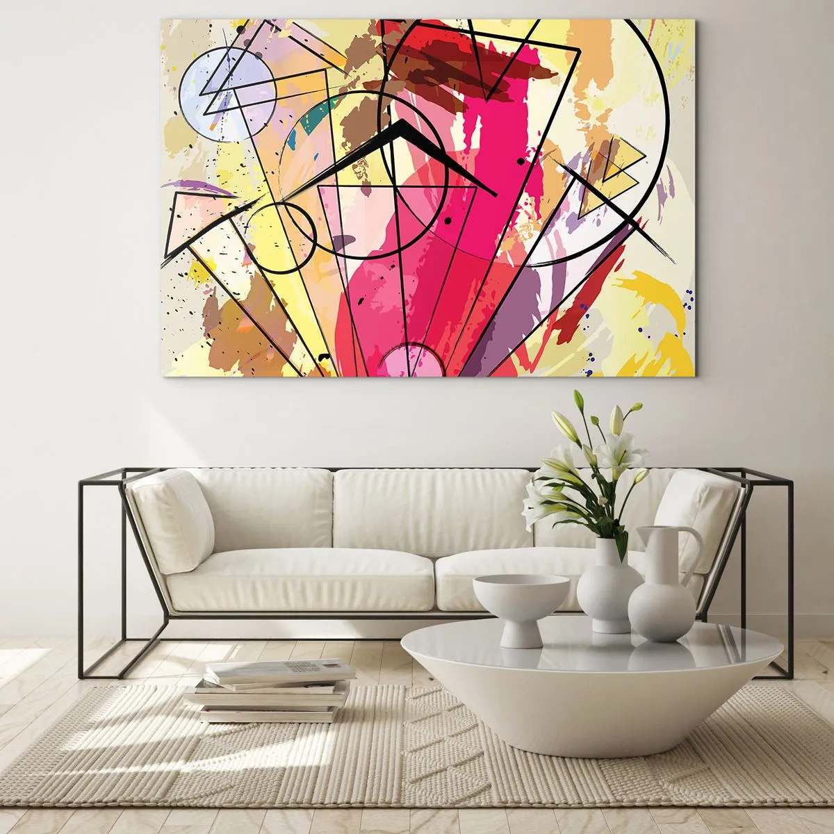 Obraz na skle - Barevná abstrakce s geometrickými vzory a liniemi - 70x50cm - Výbuch - Moderní nástěnná dekorace do obývacího pokoje a ložnice ARTTOR