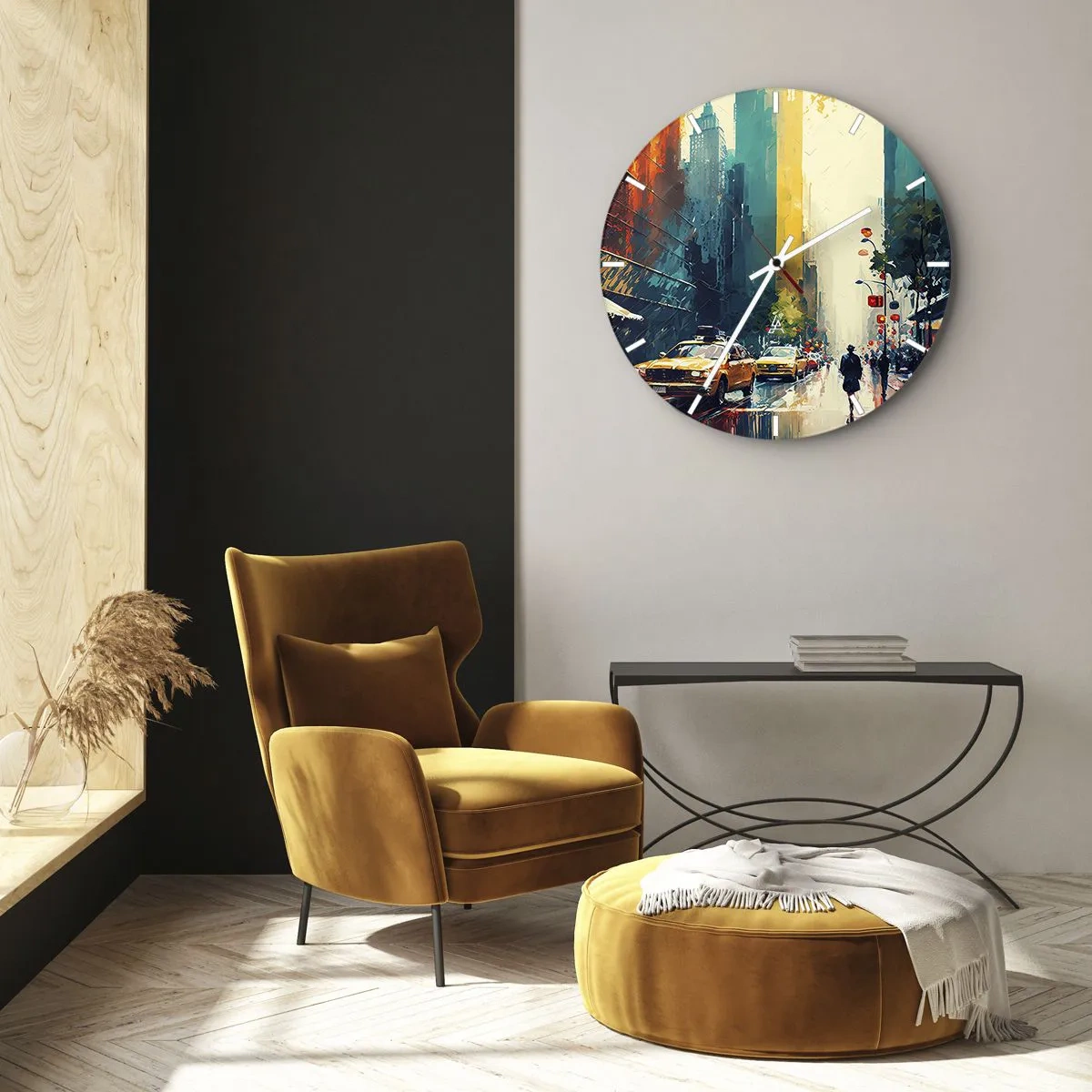Nástěnné hodiny - Barevná newyorská ulice s taxíky a chodci v dešti - 30x30cm - New York – tady je i déšť barevný - Moderní nástěnná dekorace do obývacího pokoje, kuchyně a ložnice ARTTOR