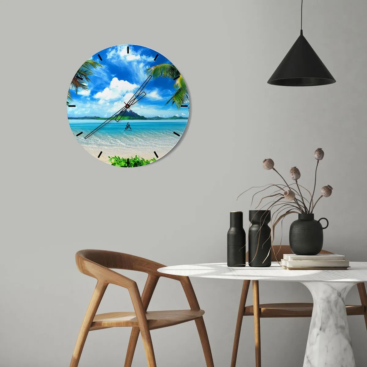 Nástěnné hodiny - Exotická pláž s palmami a azurovým mořem - 30x30cm - Modř tropů - Moderní nástěnná dekorace do obývacího pokoje, kuchyně a ložnice ARTTOR