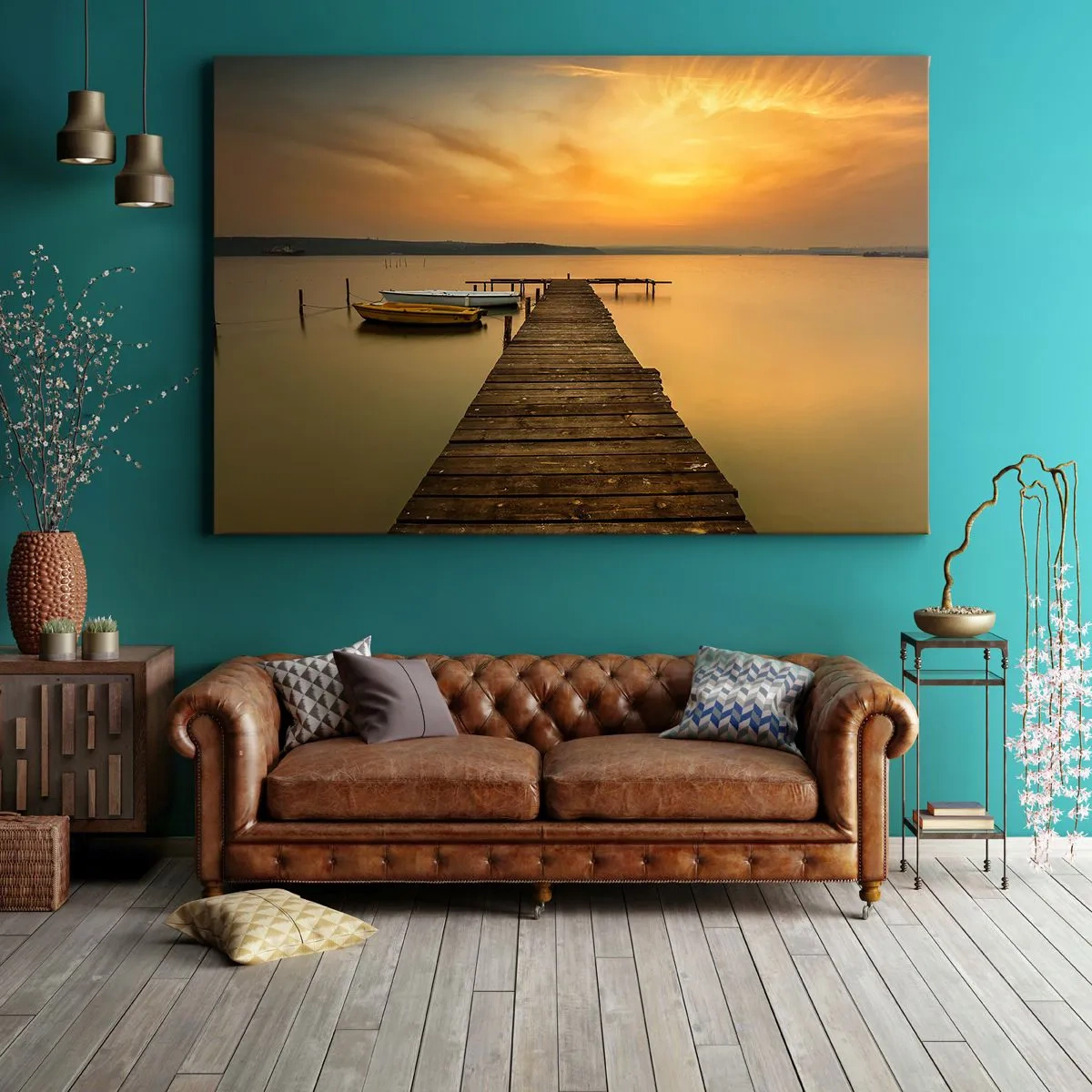 Obraz na plátně - Dřevěné molo a lodě na jezeře při západu slunce - 70x50cm - Otevřu ti zlaté nebe - Moderní nástěnná dekorace do obývacího pokoje a ložnice ARTTOR